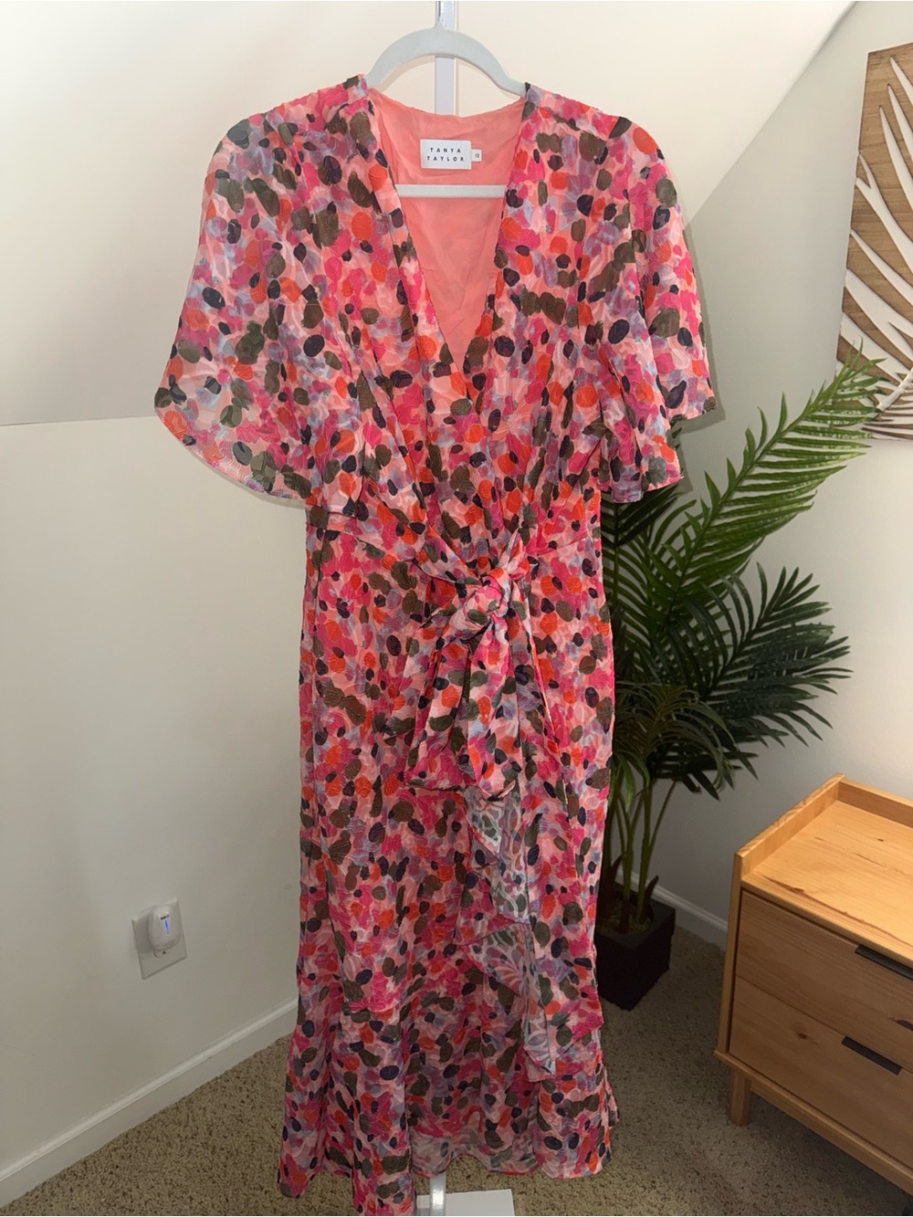 Tanya Taylor Blaire Dress Multicolor Floral Neon Pink Faux-Wrap Chiffon Size 12